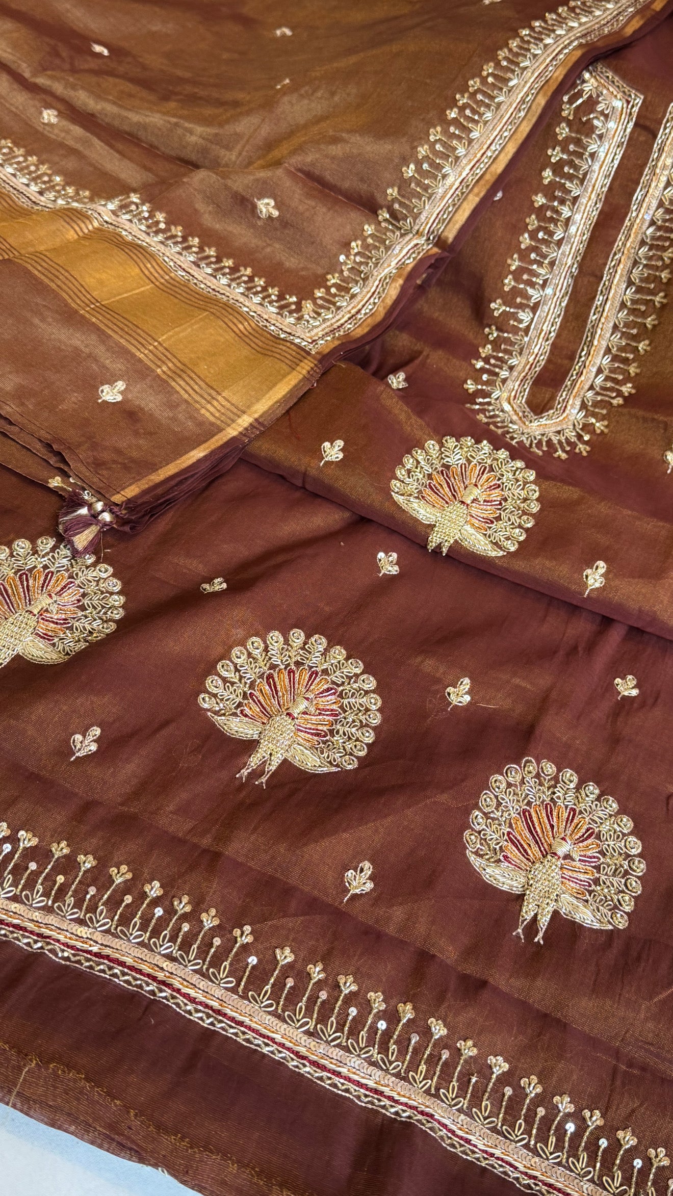 Chocolate brown mul cotton tissue silk hand embroidered kadhwa suit sets